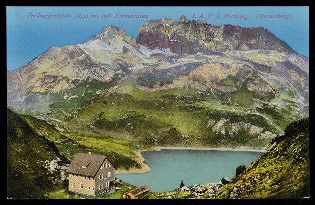 Freiburgerhütte mit Formarinsee (zwschen 1897 und 1910), <a href="http://pid.volare.vorarlberg.at/o:142083">http://pid.volare.vorarlberg.at/o:142083</a>